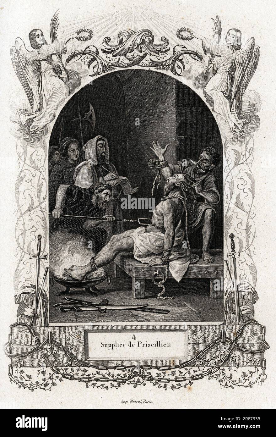 Supplice de Priscillien (Prisciliano) en 385,  Gravure pour illustrer Histoire des papes par Maurice Lachatre (1814-1900), librairie du progres, Paris. Stock Photo