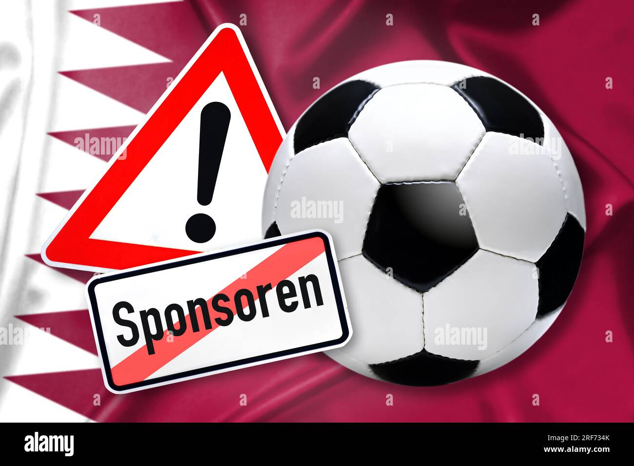 FOTOMONTAGE, Schwarz-weißer Fußball mit Warnschild und durchgestrichenem Schild mit Aufschrift Sponsoren vor Fahne von Katar, Symbolfoto Kündigung von Stock Photo
