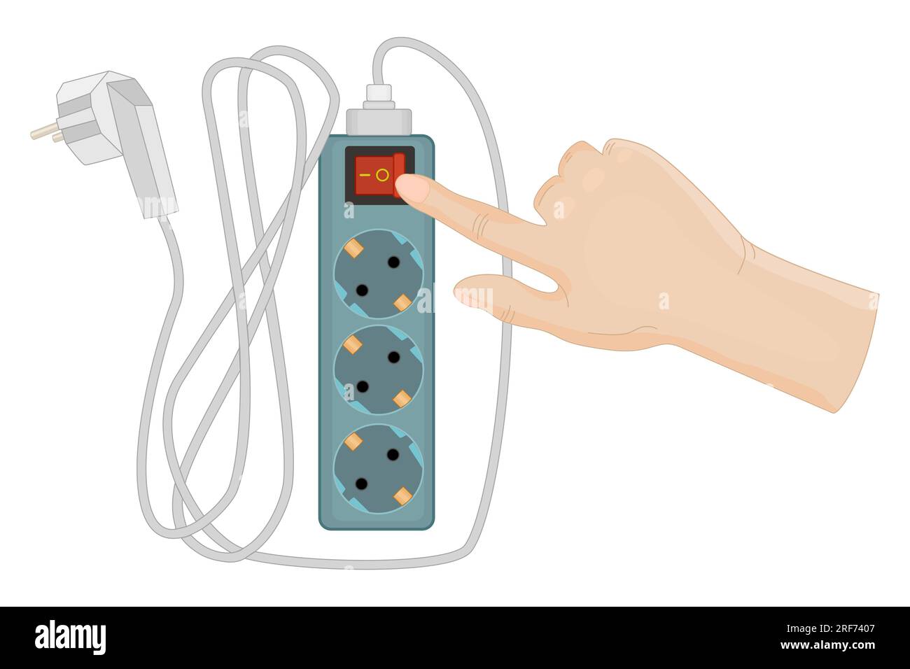 Finger pressing the button on electric extension cord. Hand using red