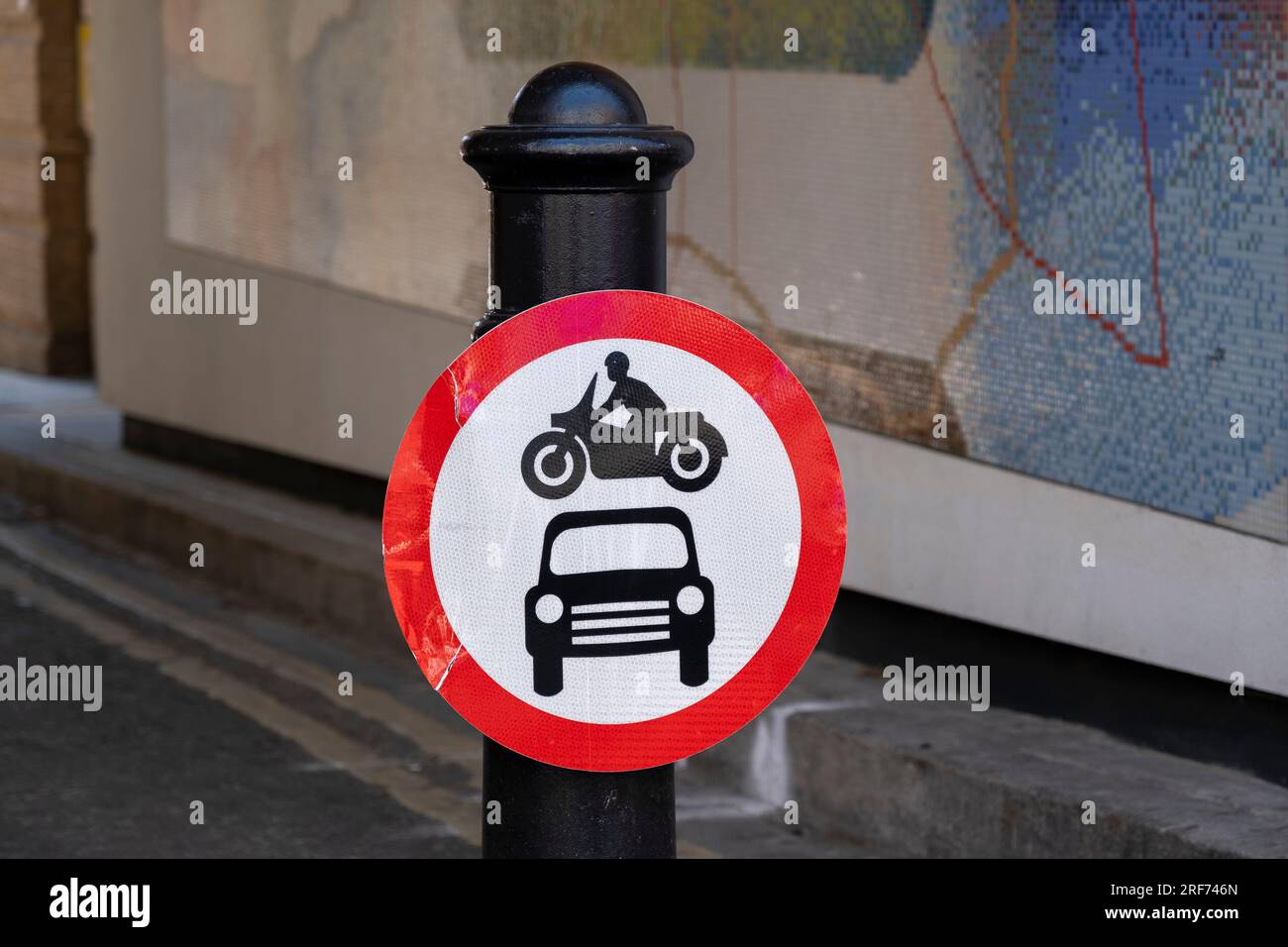 No Motor Vehicles Sign Example Bollard with a no motor vehicles sign on 7th July 2023 in London ...