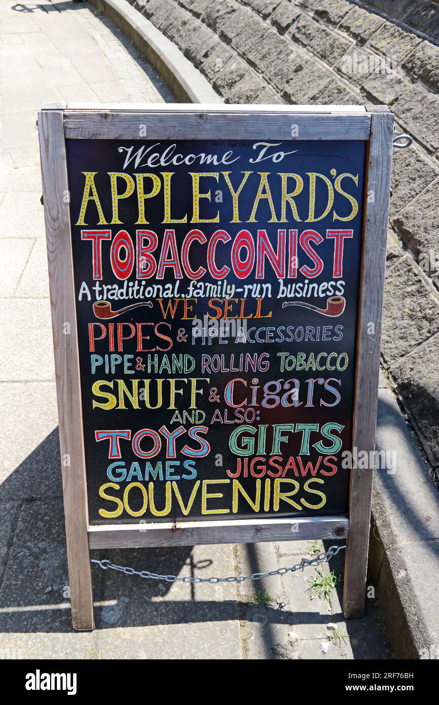 W Appleyard & Son,Blackboard outside Toyshop and Tobacconist, Buxton Stock Photo