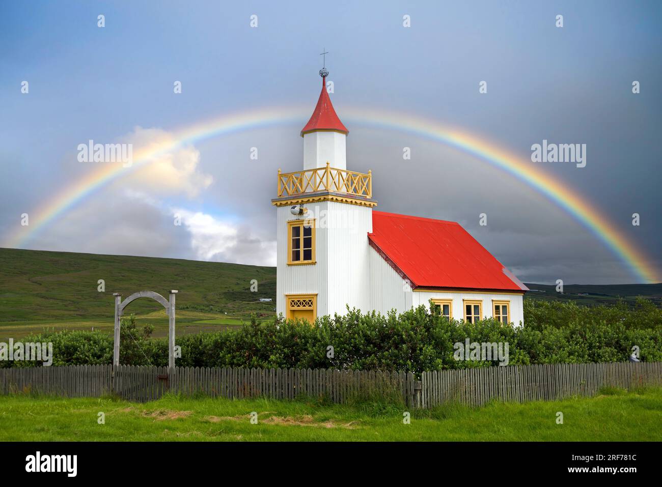 Kirche, Storias, Reykholtsdalur, Island, Religion, Gebäude, Regenbogen, Stock Photo
