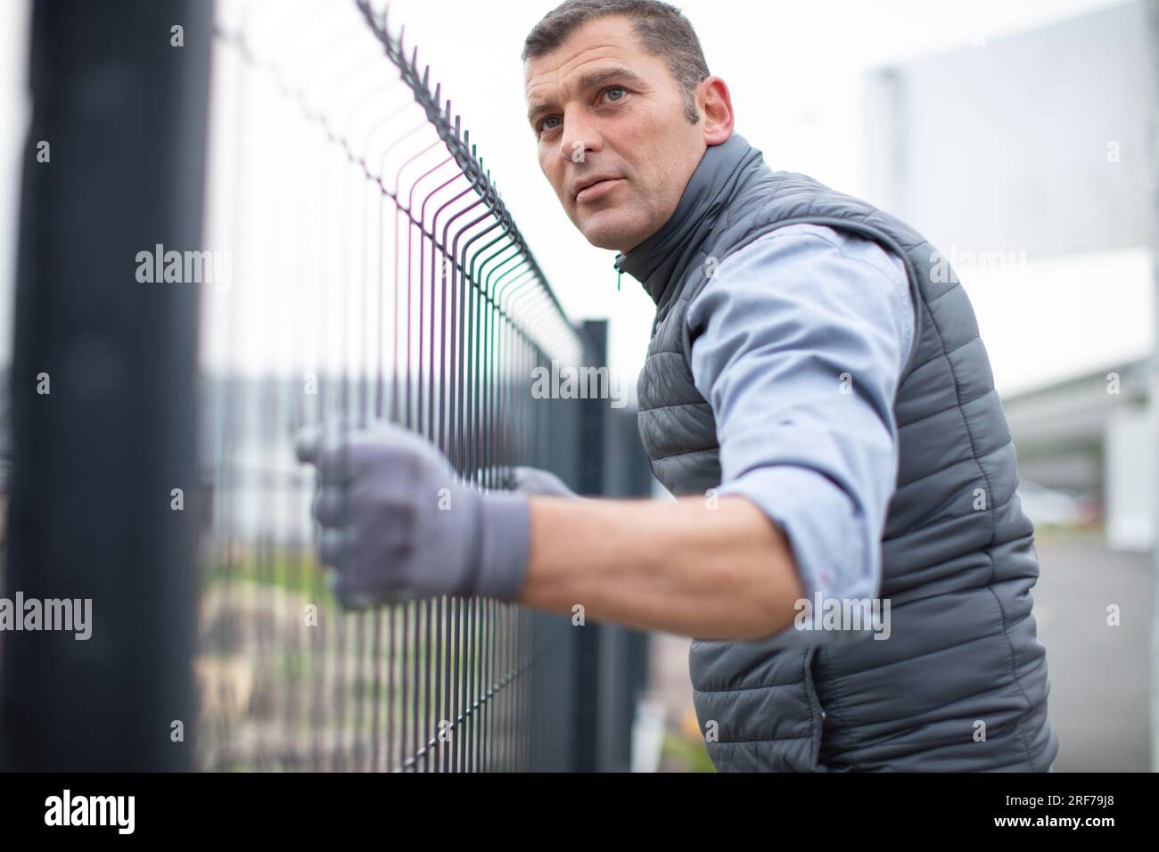 worker installing welded metal mesh fence Stock Photo