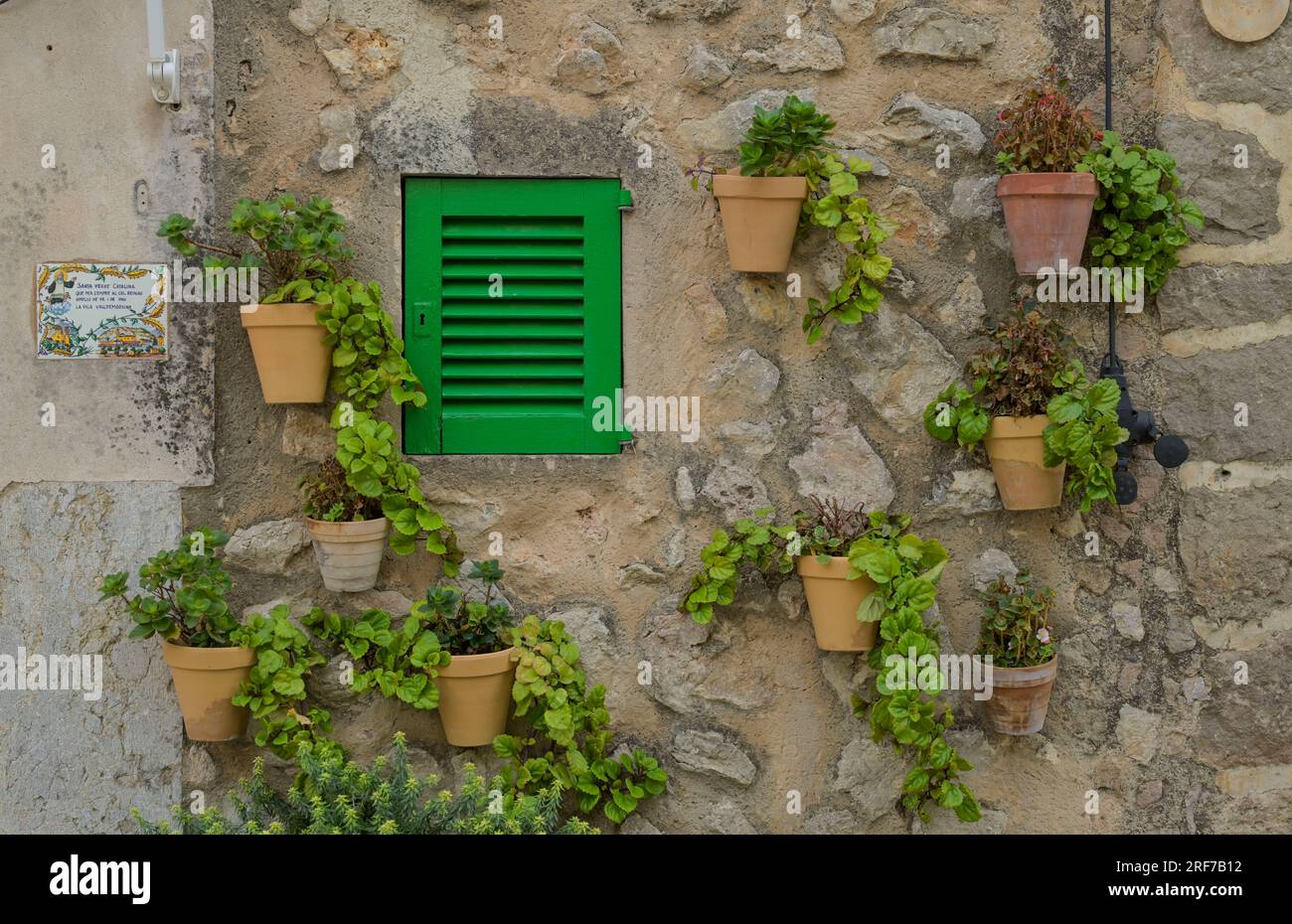 Blumentöpfe, Altstadt, Valldemossa, Mallorca, Spanien Stock Photo