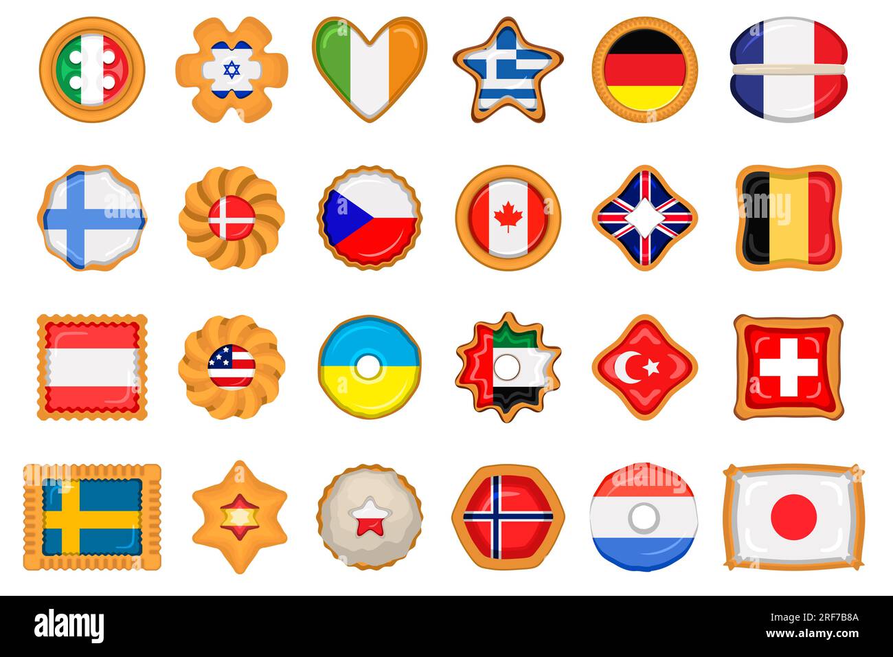 Set homemade cookie with flag country world in tasty biscuit, cookie consist of sign flag country world on natural biscuit, fresh biscuit cookie with Stock Vector