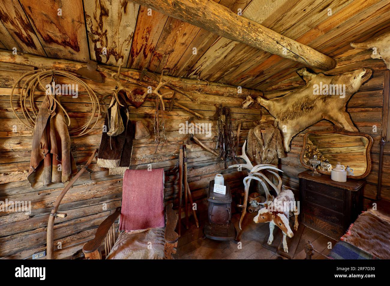 Monument Hill Homestead Cabin, interior shot Old Trail Town, Cody, Wyoming, United States of America Stock Photo