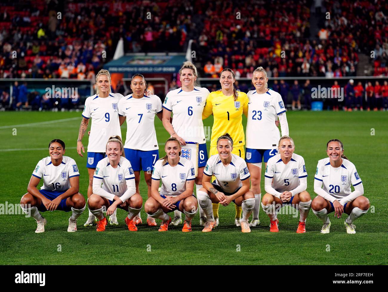 England starting line up: Back Row - Rachel Daly, Lauren James, Millie Bright, goalkeeper Mary Earps and Alessia Russo. Front Row - Jess Carter, Lauren Hemp, Georgia Stanway, Lucy Bronze, Alex Greenwood and Katie Zelem during the FIFA Women's World Cup 2023, Group D match at the Hindmarsh Stadium, Adelaide, Australia. Picture date: Tuesday August 1, 2023. Stock Photo