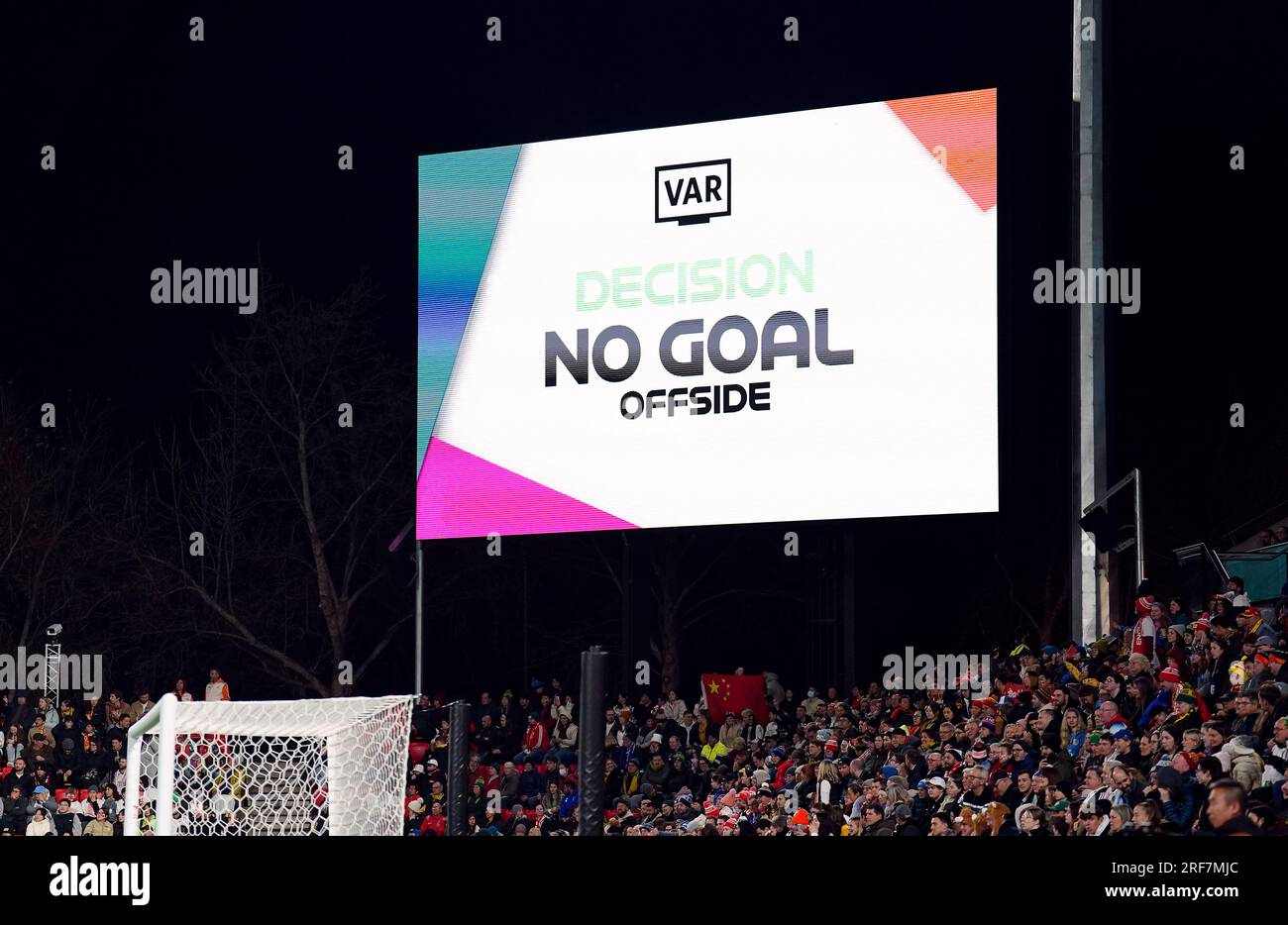 A big screen signals No Goal for an Offside after a VAR check on the