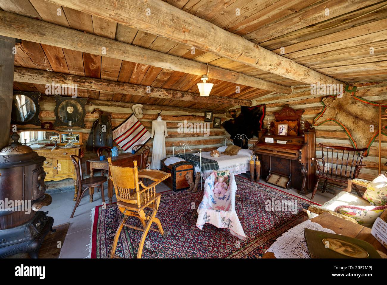 Dry Creek Homestead Cabin, interior shot Old Trail Town, Cody, Wyoming, United States of America Stock Photo