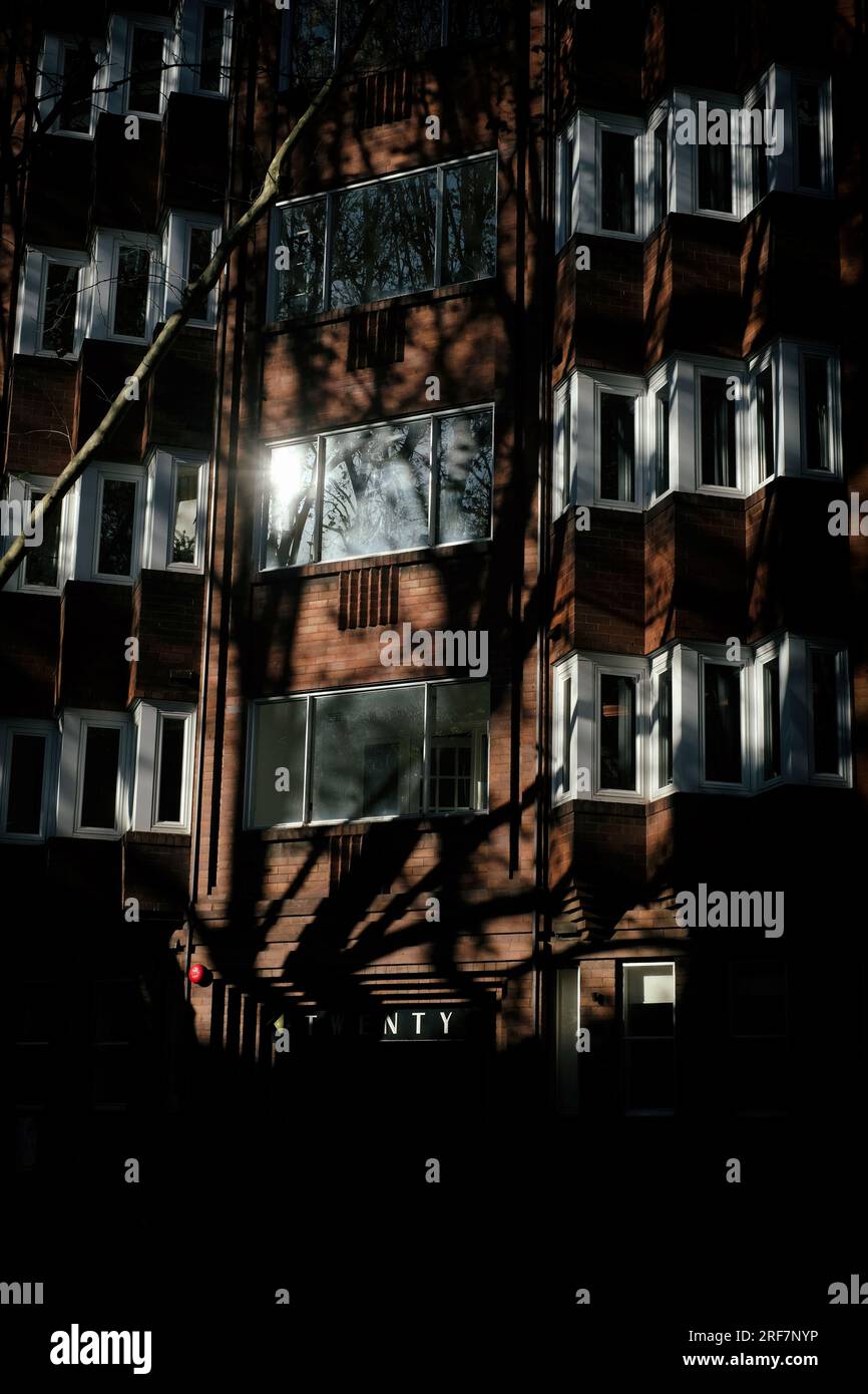Brown brick Art Deco Apartment Block 'Twenty' with a distinctive white Chevron window pattern Macleay St Potts Point Stock Photo