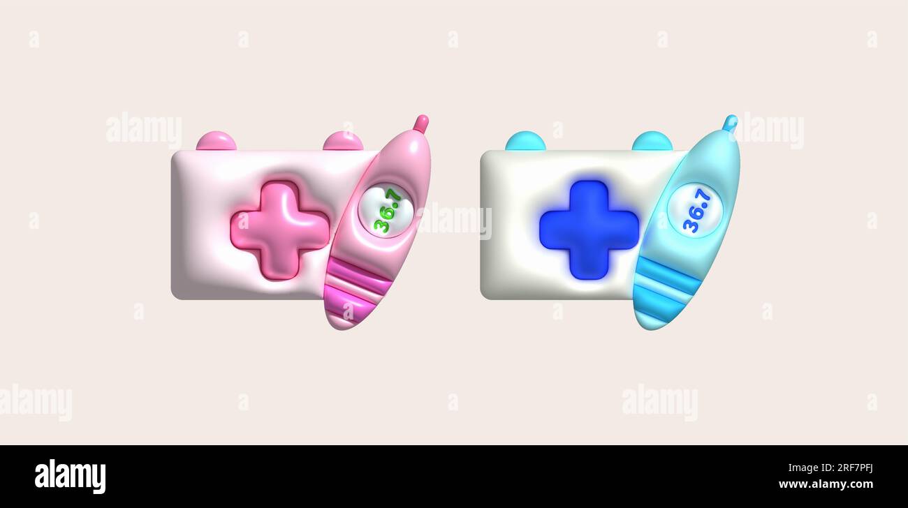 3D icon.Fever temperature measuring device and medicine bag Stock ...