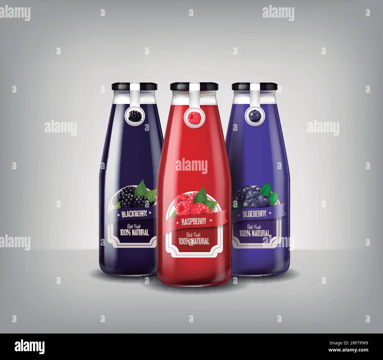 Realistic glass bottle set of blueberry, raspberry and blueberry juice