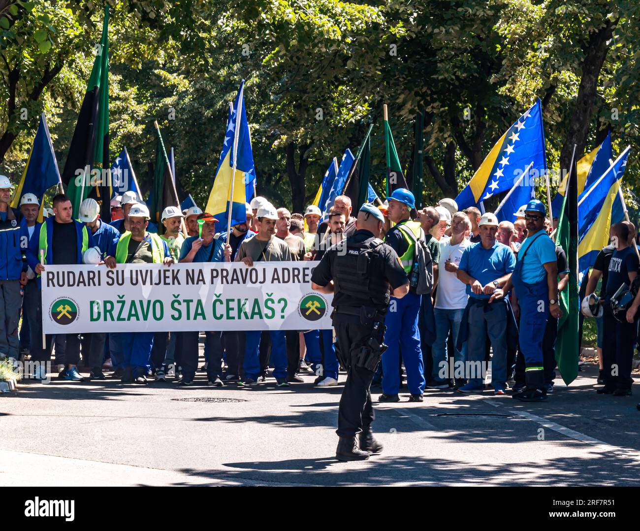 Protests of miners for their rights in front of the government of the JP EPBIH building in Sarajevo, Bosnia and Herzegovina Stock Photo