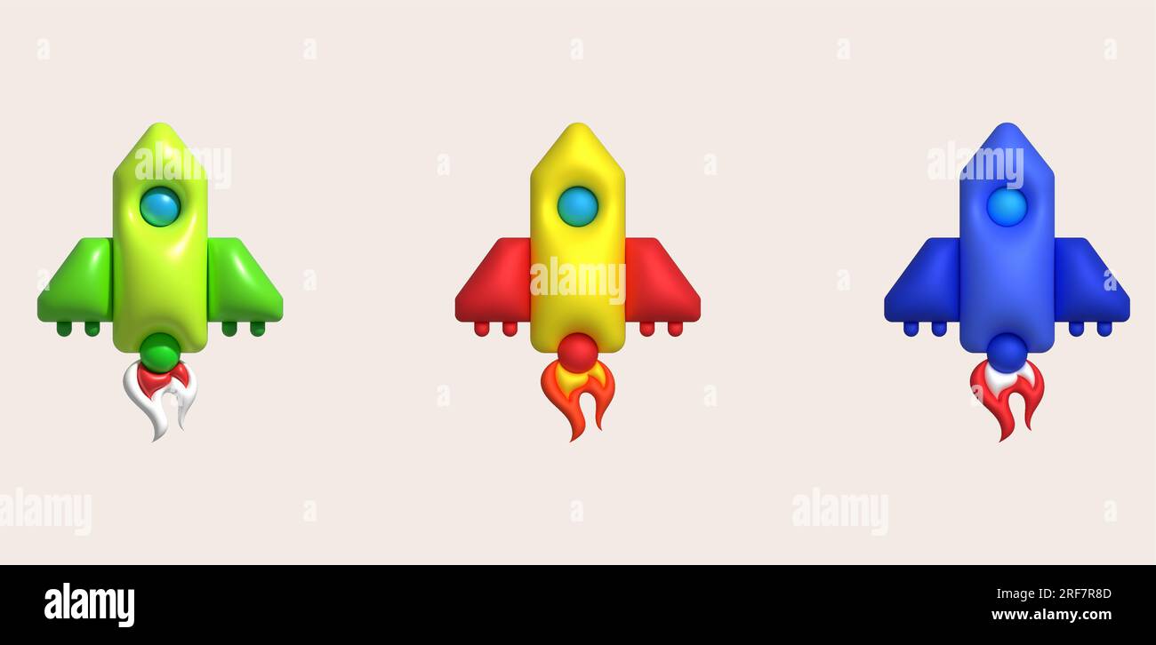 3d cartoon style minimal spaceship rocket icon. Toy rocket upswing ...