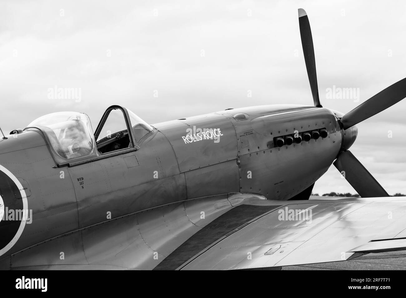 Supermarine Spitfire photo reconnaissance PRXIX of the Rolls Royce Heritage Trust on the ground. Monochrome black and white. Stock Photo