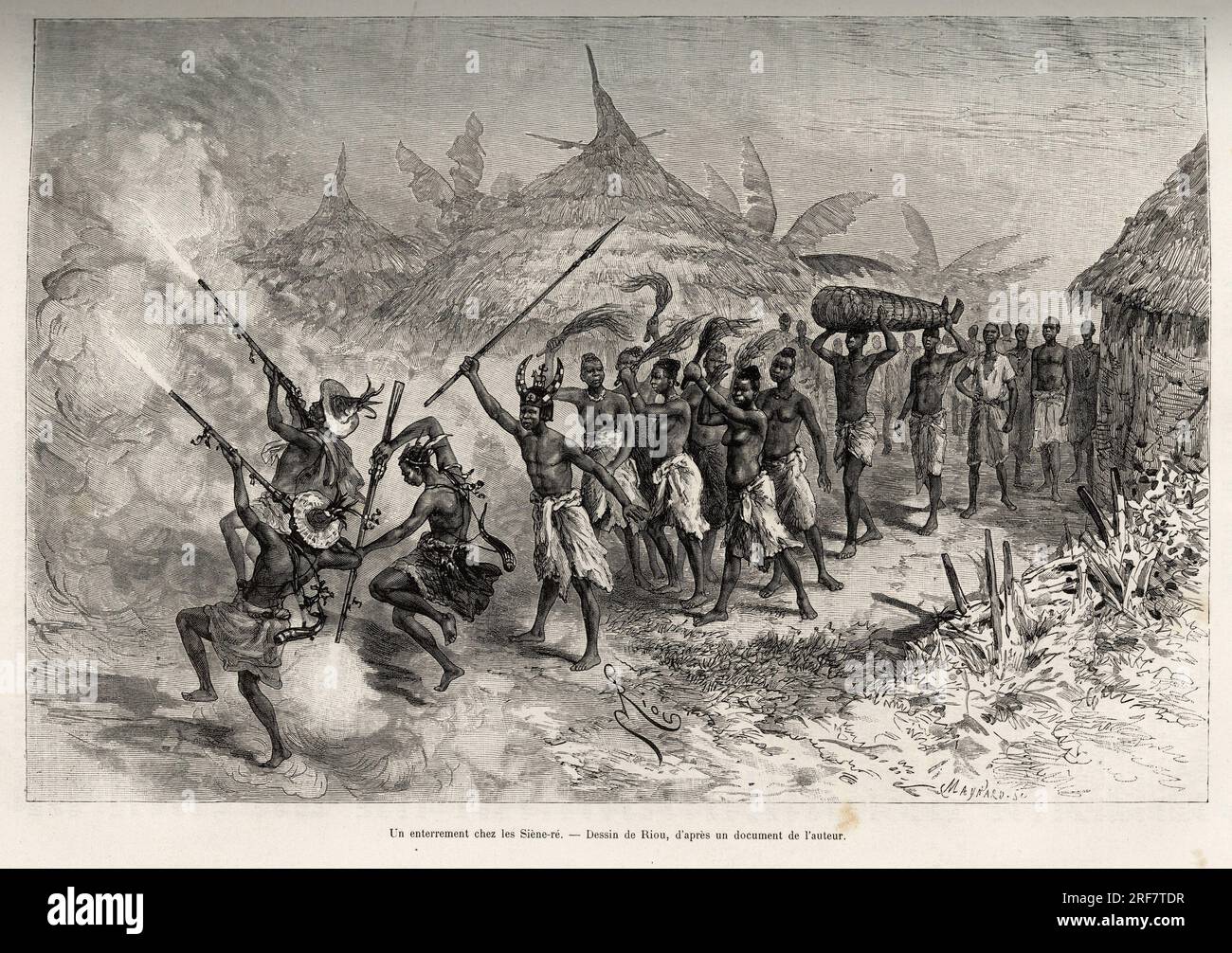Un enterrement chez les Siene-re (Siene Re), a Fourou (Mali), le cortege funebre traverse le village, mene par les hommes armes de la famille du defunt, suivent les femmes portant des queues de vaches et le corps du defunt, ficele dans une natte. Gravure de Riou, pour illustrer le recit 'Du Niger au  golfe de Guinee' par le capitaine Louis Gustave Binger (1856-1936), en 1887-1889, in Le tour du monde, nouveau journal des voyages, sous la direction de Edouard Charton (1807-1890), 1er semestre 1891, edition Hachette, Paris. Stock Photo