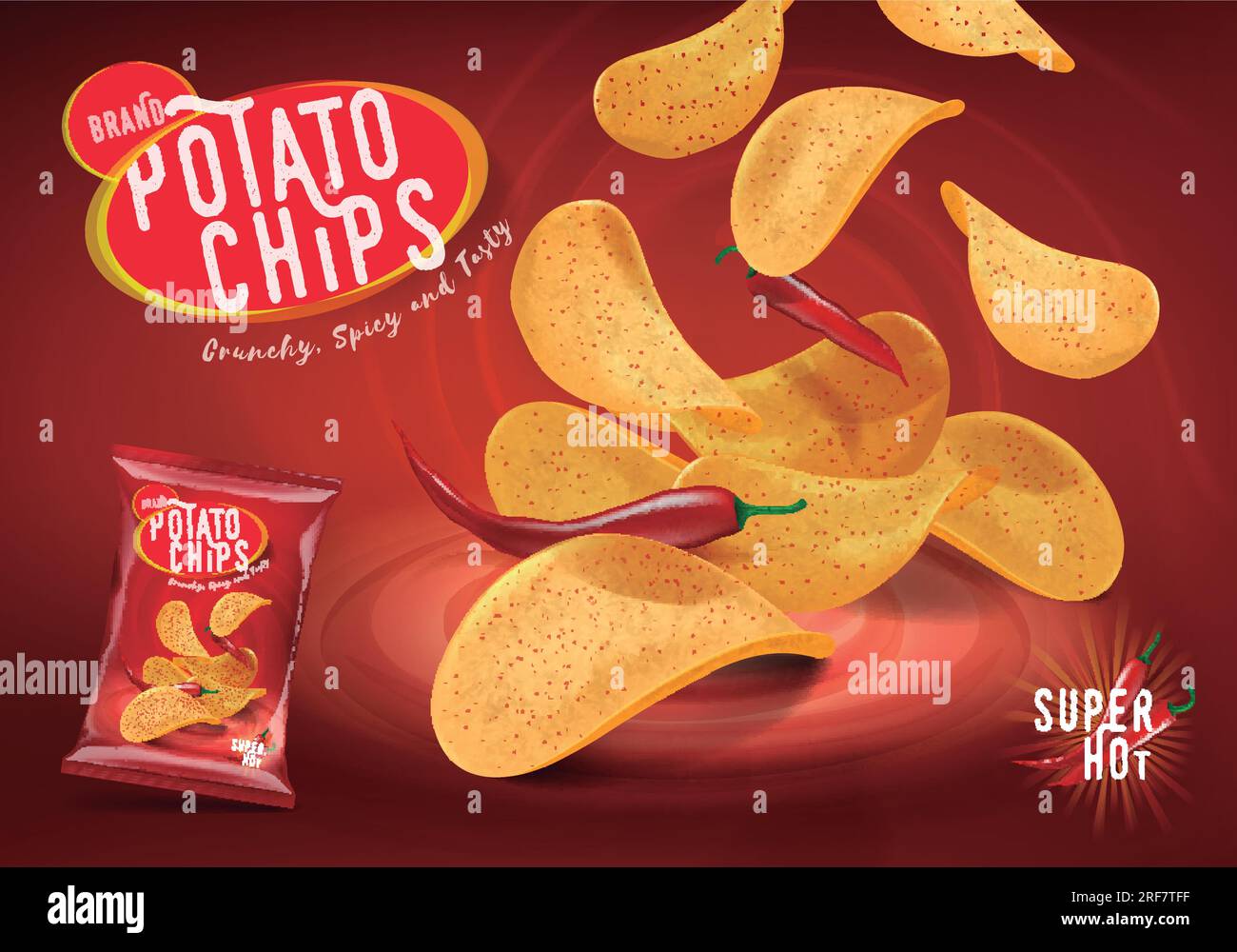 Spicy chilli potato chips advertisement, chips with chillies flavor in