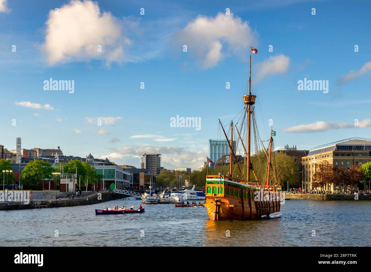 10 May 2023: Bristol, UK - Bristol Docks, with the Matthew  on a beautiful spring evening. The Matthew is a replica of the ship John Cabot sailed to... Stock Photo
