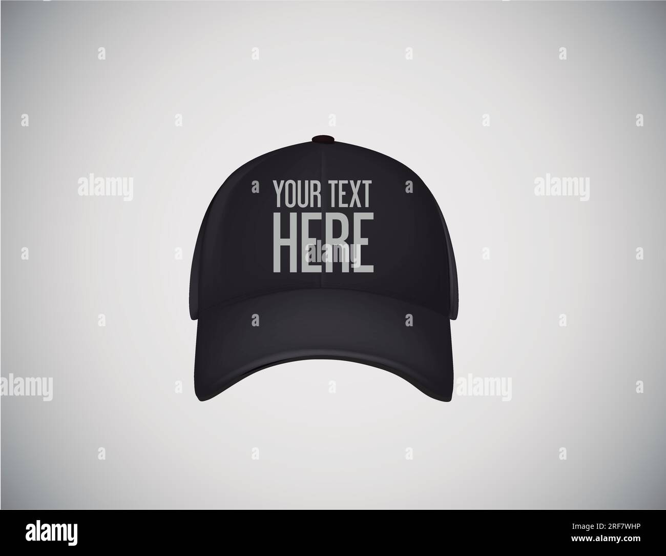 Realistic front view black baseball cap with logo lettering for