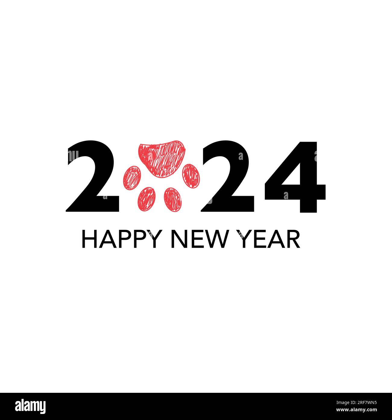 2025 text with doodle red paw print. Happy new year and Merry Christmas