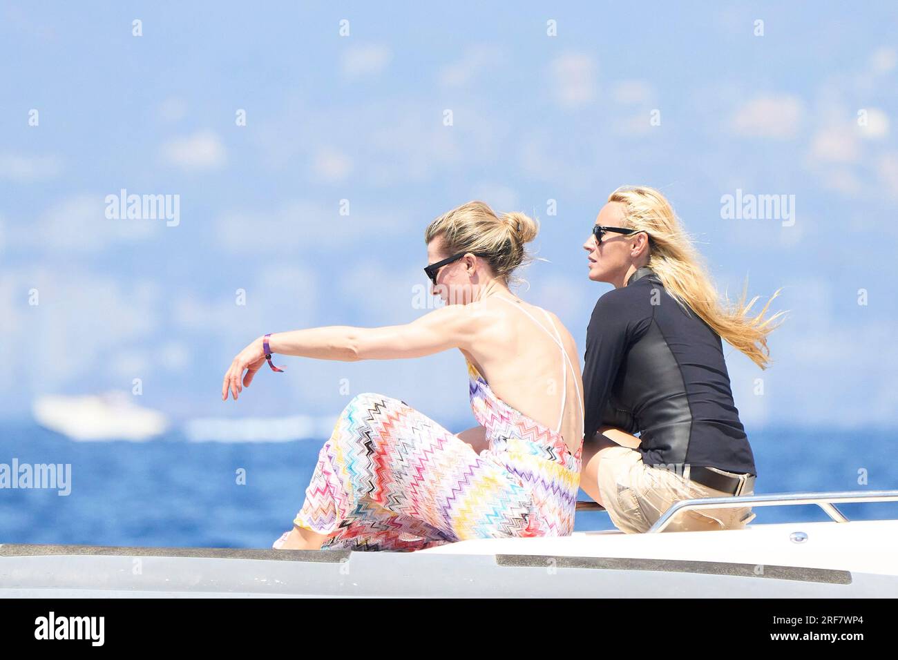 Palma. Spain. 20230801,  Carlos Moya, Carolina Cerezuela on board of a private boat during 41st Copa del Rey Mapfre Sailing Cup - Day 2 on August 1, 2023 in Palma, Spain Stock Photo