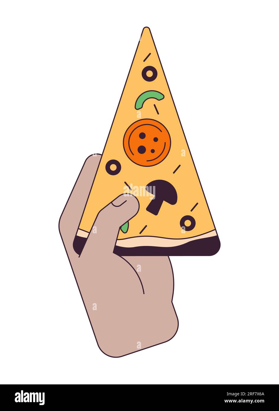 Hand holding pizza slice flat line concept vector spot illustration Stock Vector