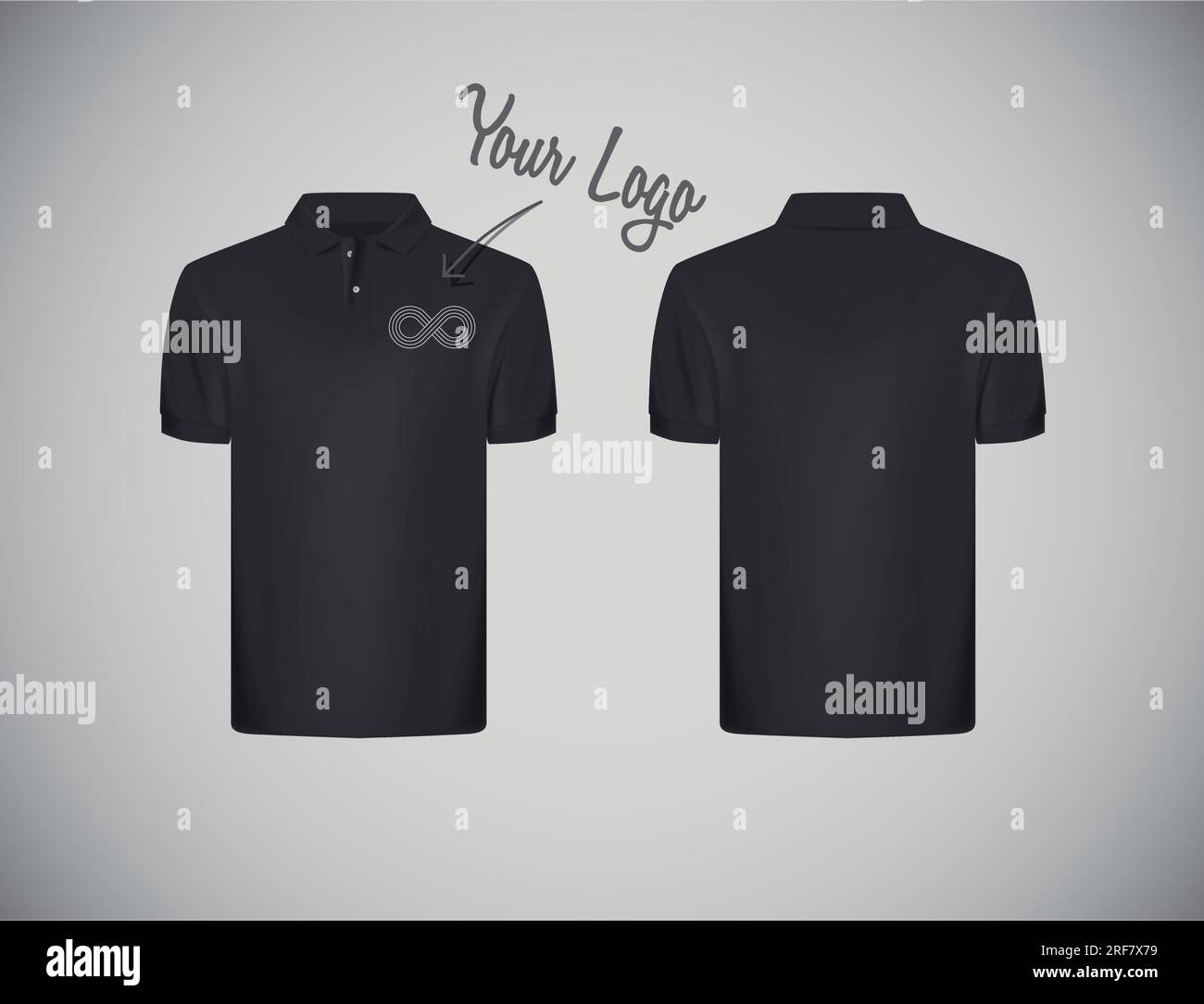 Men's slim-fitting short sleeve polo shirt with logo for advertising. Black polo shirtmock-up design template for branding. Stock Vector