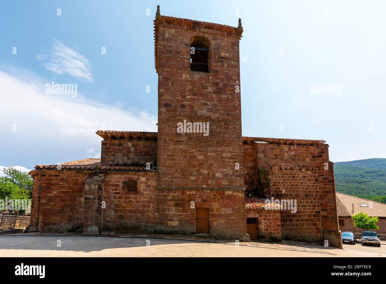 San Esteban, Pineda de la Sierra, Spain. The Church of San Esteban Protomártir is outstanding Romanesque church building in northern Spain and is reco Stock Photo