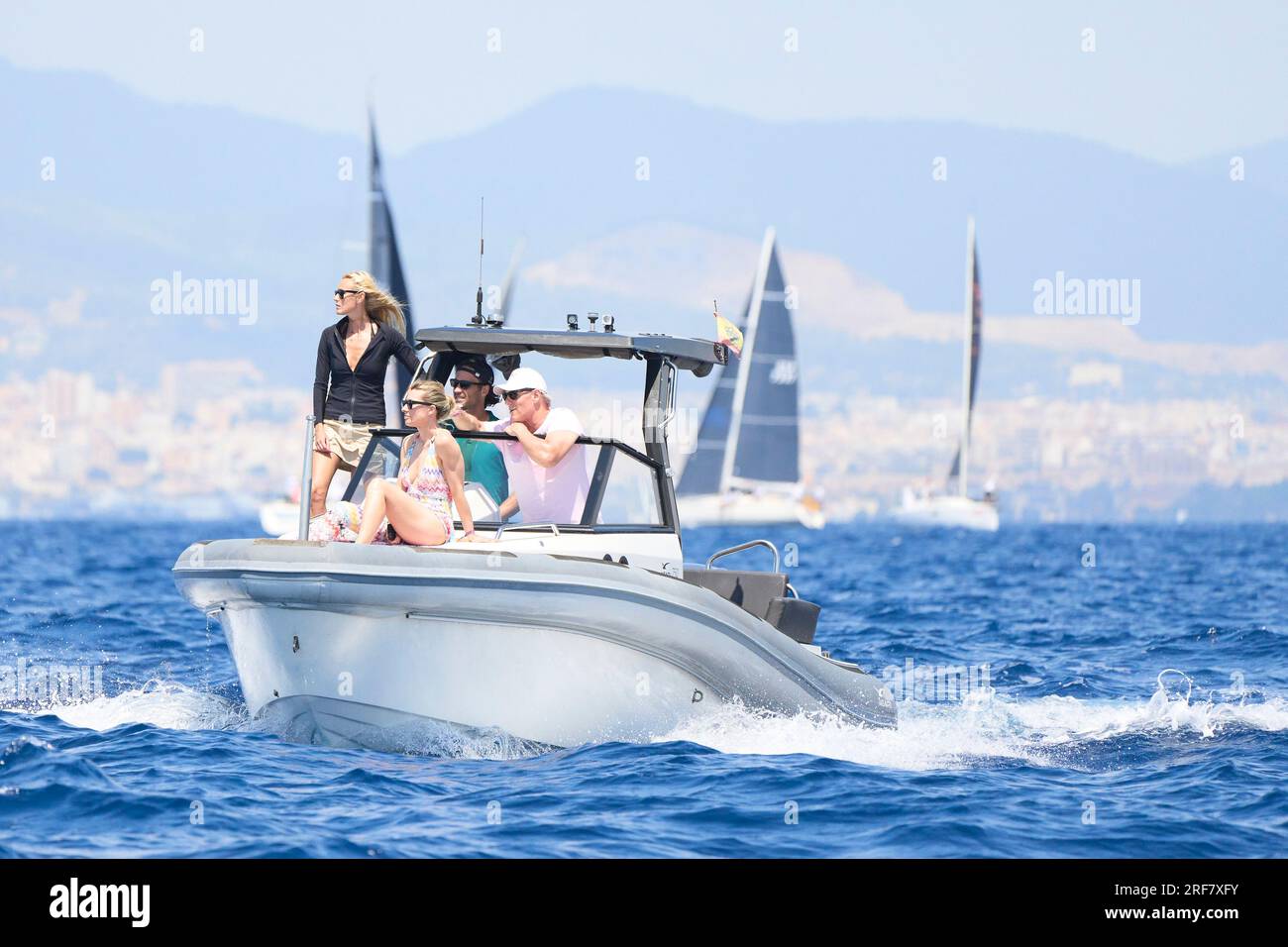August 1, 2023, Madrid, Madrid, Spain: Carlos Moya, Carolina Cerezuela on board of a private boat during 41st Copa del Rey Mapfre Sailing Cup - Day 2 on August 1, 2023 in Palma, Spain (Credit Image: © Jack Abuin/ZUMA Press Wire) EDITORIAL USAGE ONLY! Not for Commercial USAGE! Stock Photo