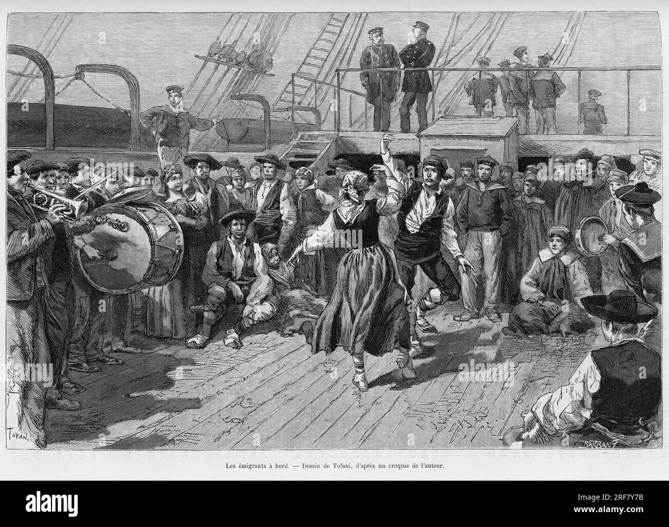 Les emigrants a bord. Gravure de Tofani pour illustrer le recit Voyage a la Plata, trois mois de vacances par Emile Blaireaux en 1886, in le tour du monde 1887, sous la direction d'Edouard Charton ( 1807-1890), Hachette, Paris. Stock Photo