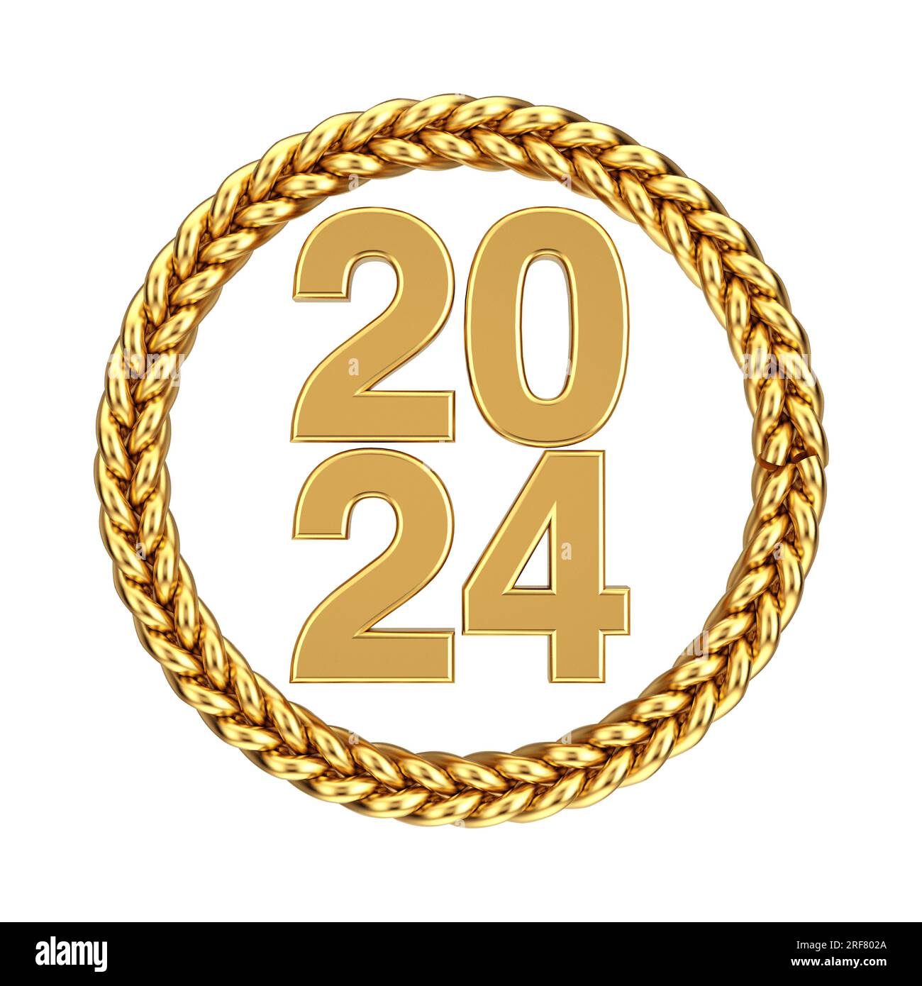 New Year 2024 Xmas Golden Sign with Metal Golden Rope in Shape of Circle on a white background