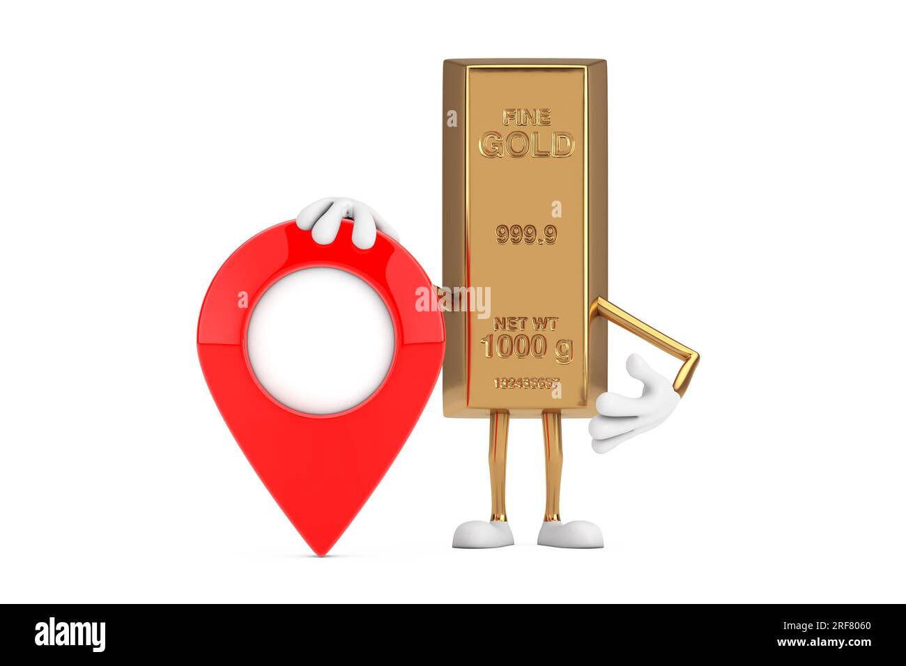 https://c8.alamy.com/comp/2RF8060/golden-bar-cartoon-person-character-mascot-with-red-target-map-pointer-pin-on-a-white-background-3d-rendering-2RF8060.jpg