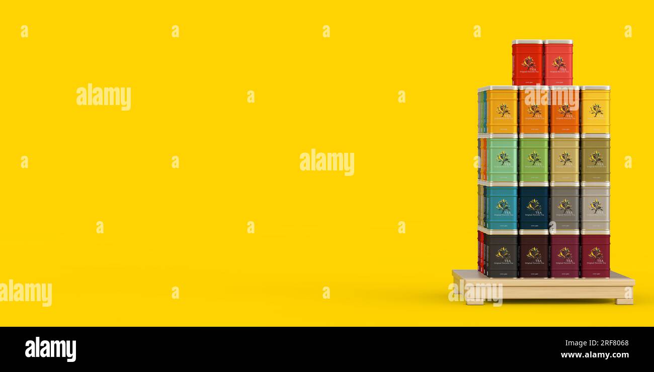 Metal Tea Boxes with Store Product Display Showcase Rack Shelves on a