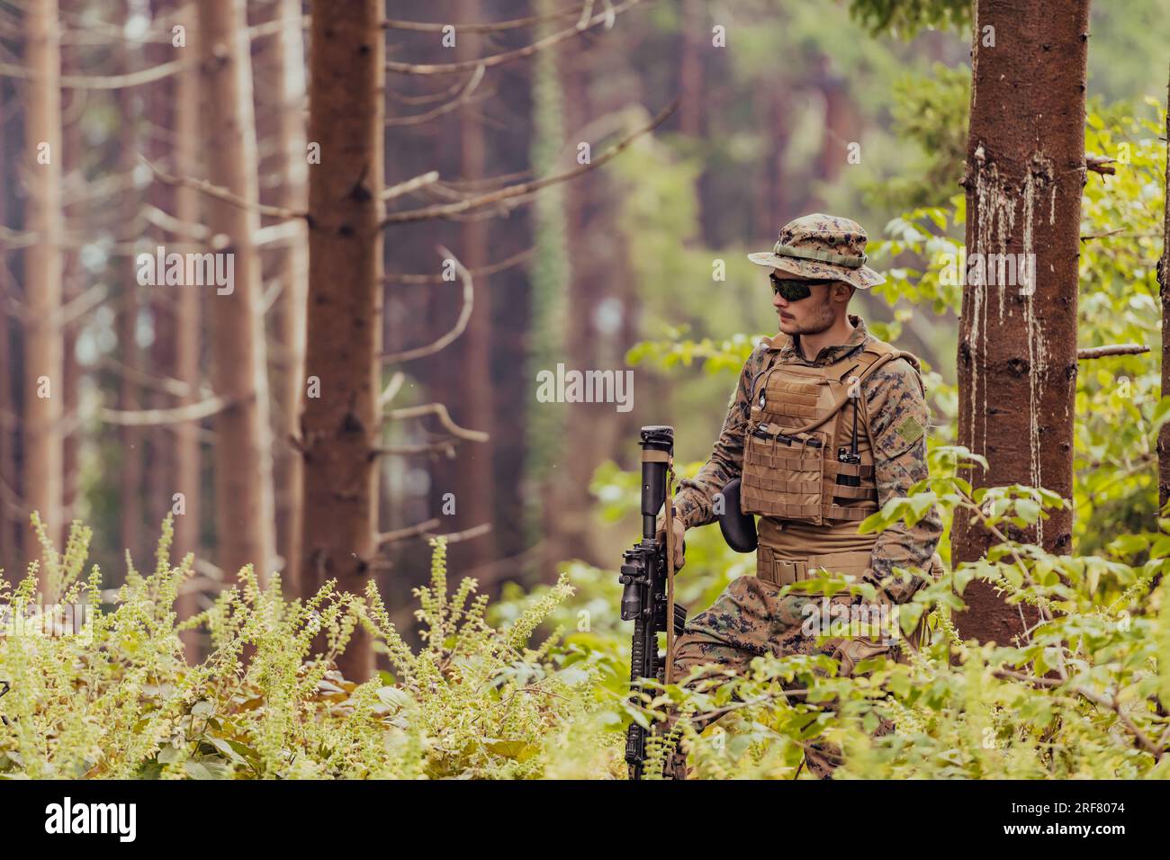 A modern warfare soldier on war duty in dense and dangerous forest ...
