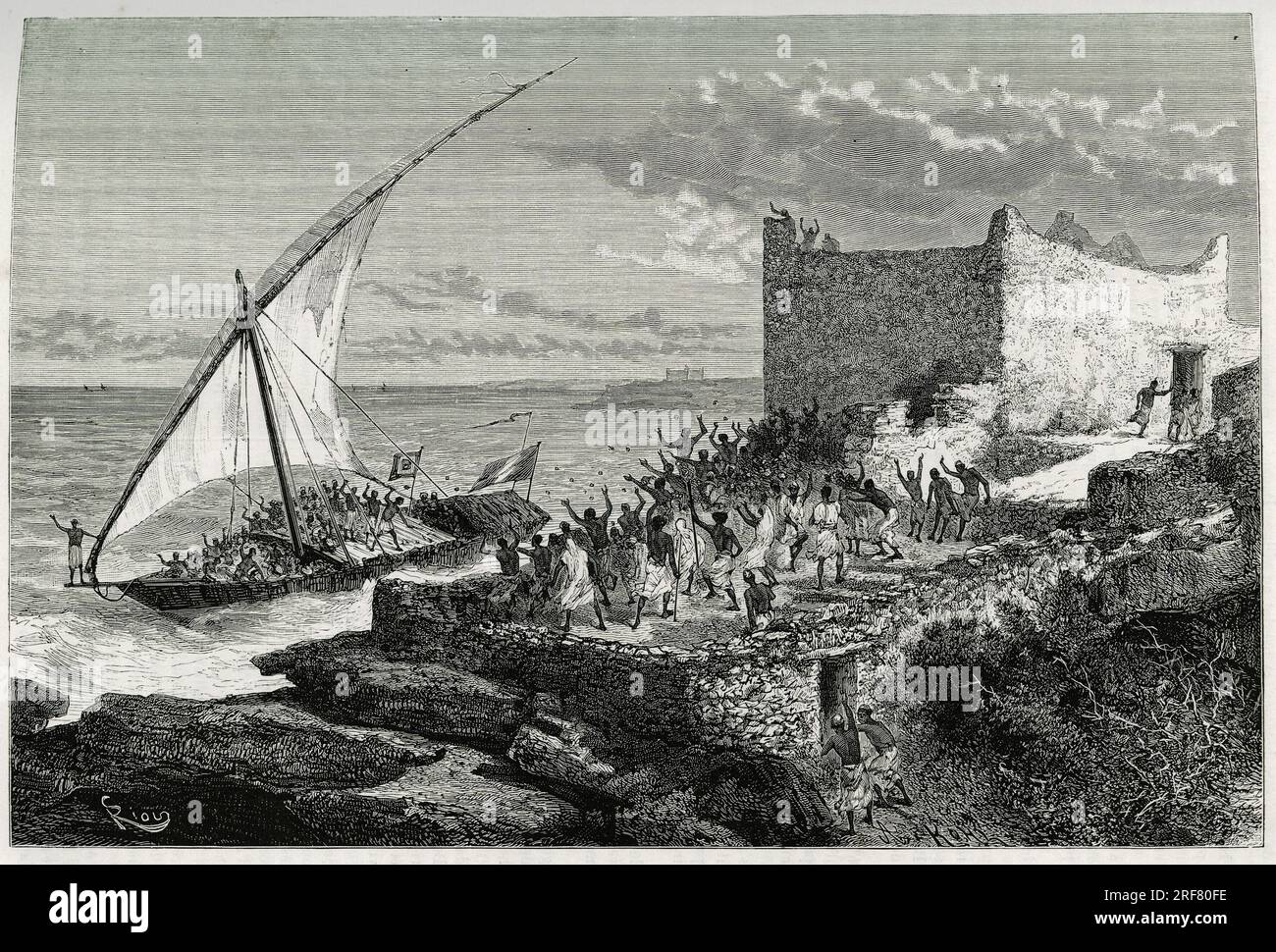 Le boutre des voyageurs entrant dans la rade de Moguedouchou ( Mogadiscio), les marins font un enorme vacarme pour attirer les populations qui les accueillent avec des cris d'enthousiasme. Gravure de Riou, pour illustrer le recit ' Voyage chez les Benadir, les somalis et les Bayoun', en 1882- 1883, par Georges Revoil ( 1852-1894).  Publie dans le Tour du monde, nouveau journal des voyages, 1er semestre 1885, sous la direction d'Edouard Charton (1807-1890), edition Hachette, Paris. Stock Photo