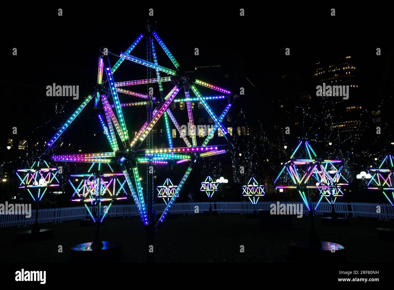 Neon light sculptures at Canary Wharf in London - part of an arts ...