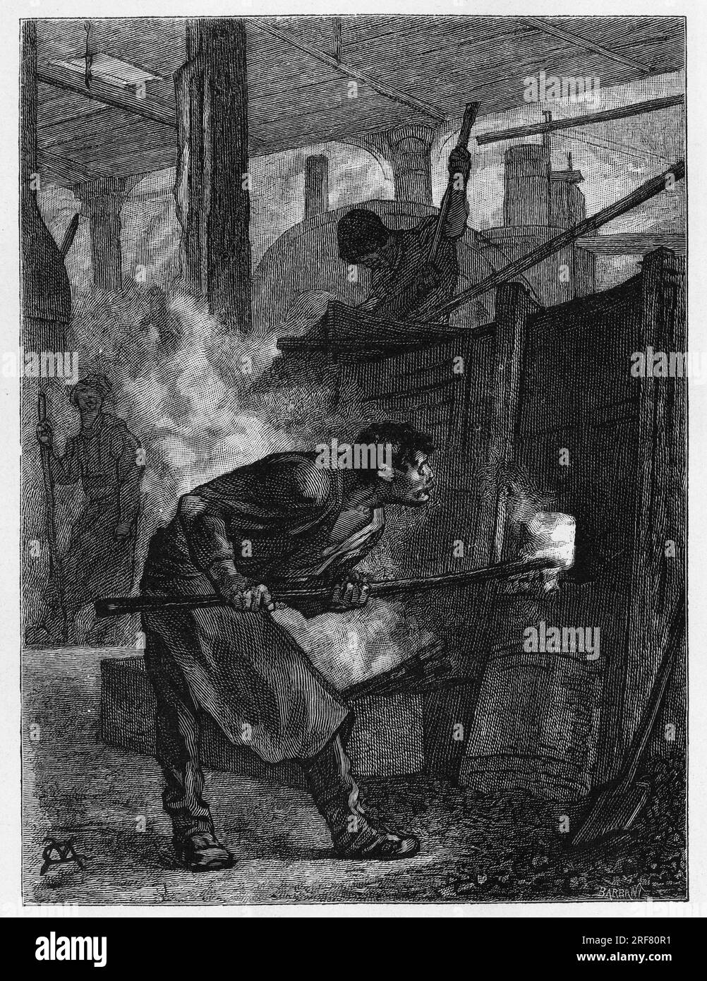 Puddleur a son four (ouvrier siderurgiste charge de remuer la fonte pour la transformer en fer par combustion du carbone), dans une usine de Jumet (ou Djumet, dans la ville de Charleroi ). Gravure de Constant Meunier, pour illustrer le recit 'La Belgique', par Camille Lemonnier (1844-1913) ecrivain belge.  Publie dans le Tour du monde, nouveau journal des voyages, 2e semestre 1884, sous la direction d'Edouard Charton (1807-1890), edition Hachette, Paris. Stock Photo