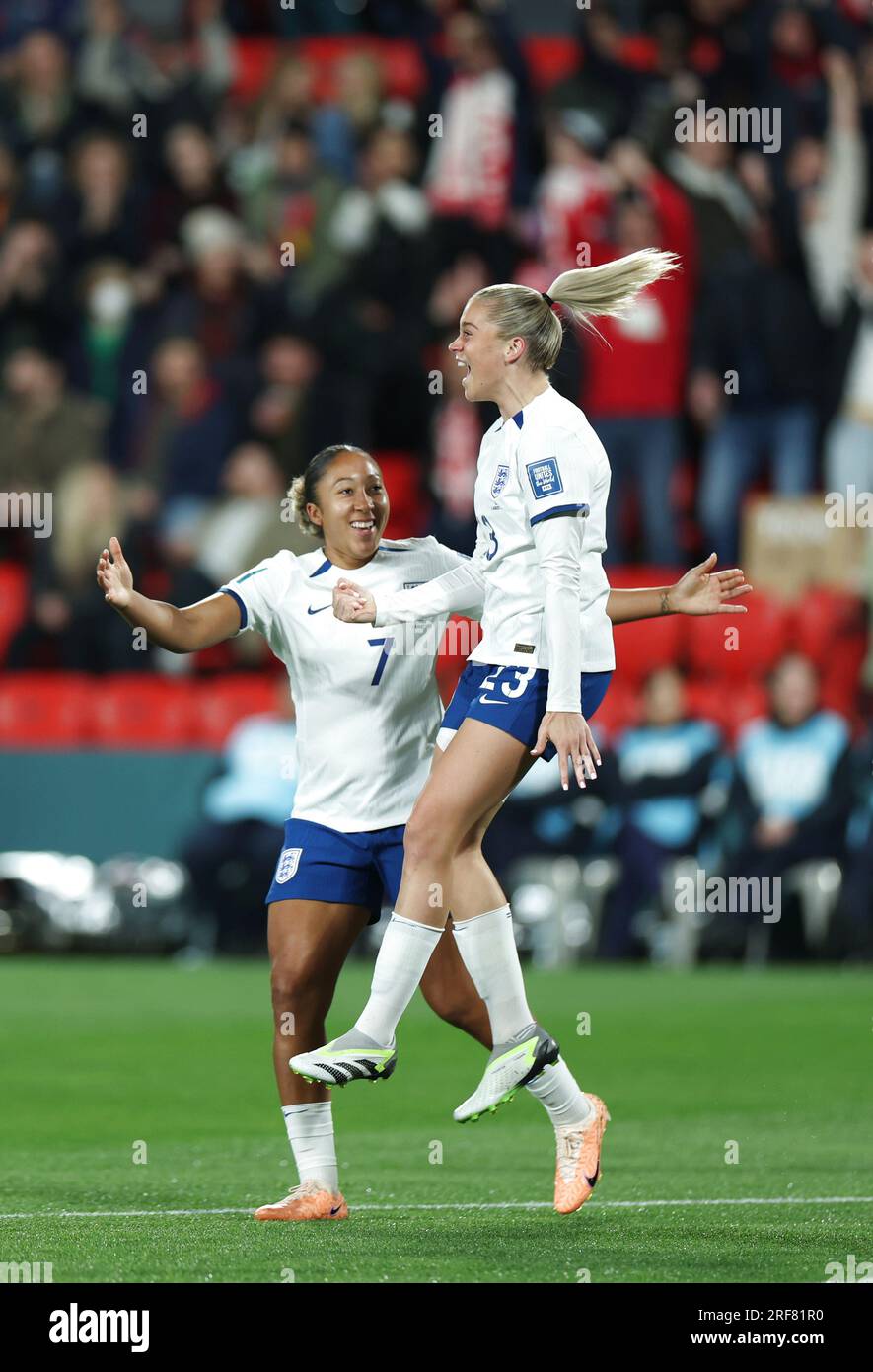 Adelaide, Australia. 1st Aug, 2023. England's Alessia Russo (R) celebrates scoring during the Group D match between China and England at the 2023 FIFA Women's World Cup in Adelaide, Australia, Aug. 1, 2023. Credit: Bai Xuefei/Xinhua/Alamy Live News Stock Photo