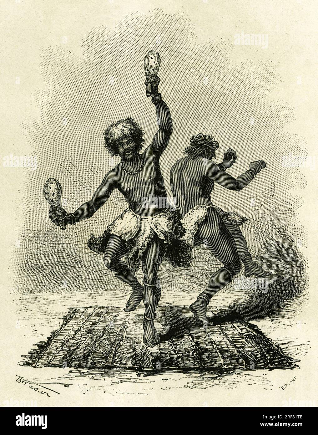 La Danse prophetique, particuliere a la tribu des Masoupias, dure toute la journee, accompagnee de tambours, de chants et de claquements de mains, les deux danseurs executent leur danse jusqu'a epuisement total, et lorsqu'ils tombent sans connaissance, ils laissent echapper les paroles fatidiques, a propos d'une chasse ou d'une guerre projetee par le roi. Gravure de Th.Weber, pour illustrer le recit 'Au pays des Marutses', en 1875-1879, par le docteur Emile Holub (1847-1902). Publie dans le Tour du monde, 2eme semestre 1883, sous la direction de Edouard Charton (1807-1890) , edition Hachette, Stock Photo