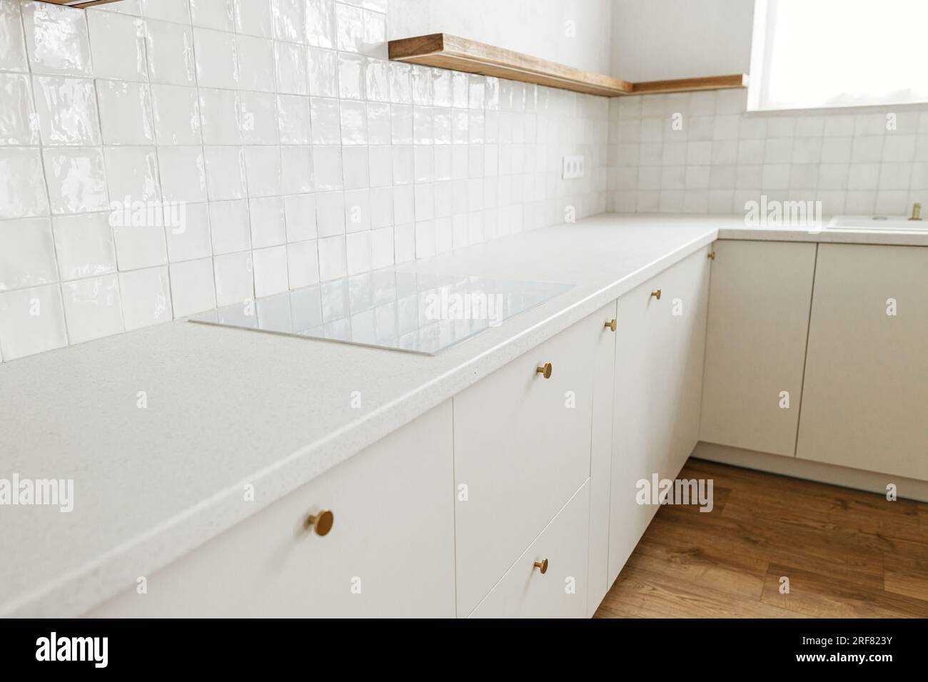 Modern stylish Scandinavian kitchen interior with kitchen accessories.  Bright white kitchen with household items Stock Photo - Alamy