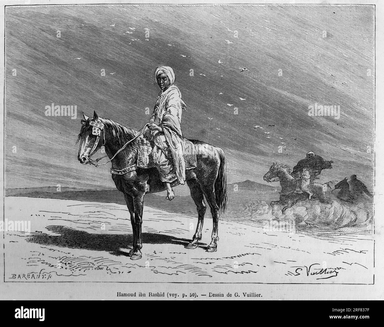 Portrait de Hamoud Ibn Rashid , sur son cheval, appartenant a la famille de l'emir de Hail ( Arabie Saoudite) et ami des voyageurs. Gravure de Y.Pranishnikoff, pour illustrer le recit 'pelerinage au Nedjed, berceau de la race arabe', par Lady Anna Blunt, en 1878-1879, publie dans le Tour du monde, sous la direction d'Edouard Charton ( 1807-1890), 1882, Paris. Stock Photo