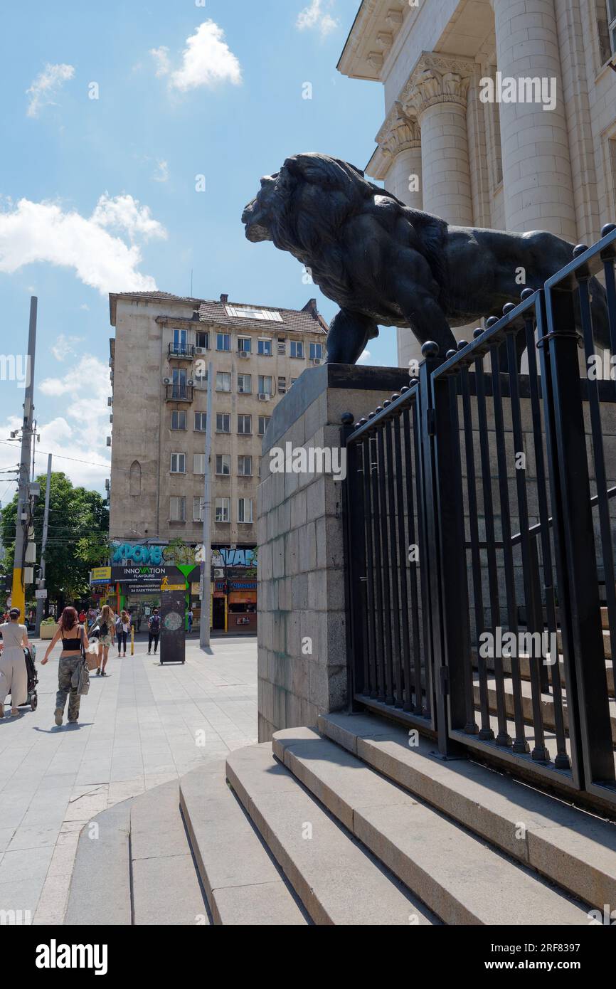 Lion Statue outside The Sofia Court House (Sadebna Palata, or Palace of Justice) in the City of Sofia, Bulgaria. August 01, 2023. Stock Photo