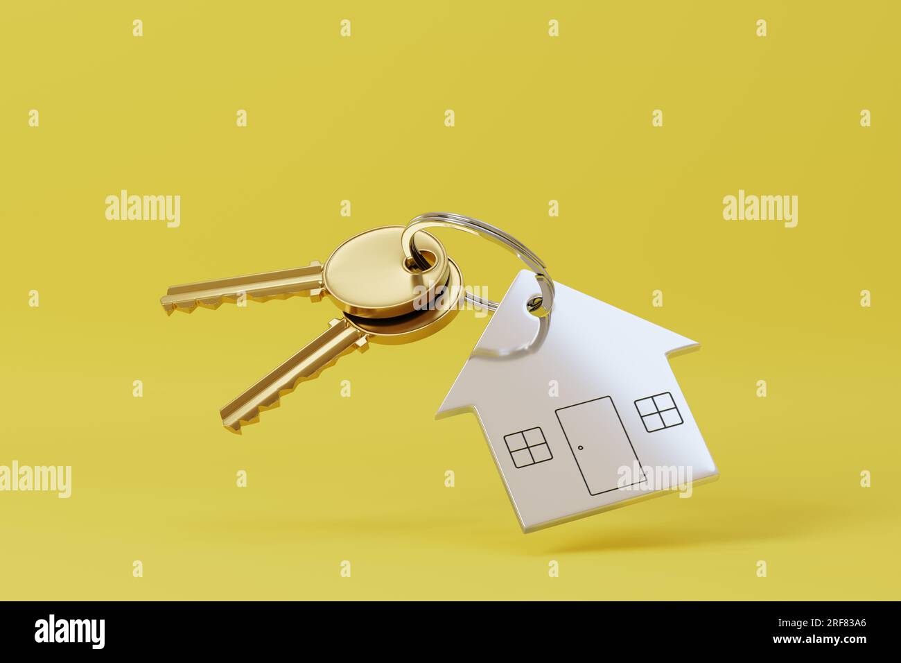 House shaped keychain isolated on yellow background. 3d illustration