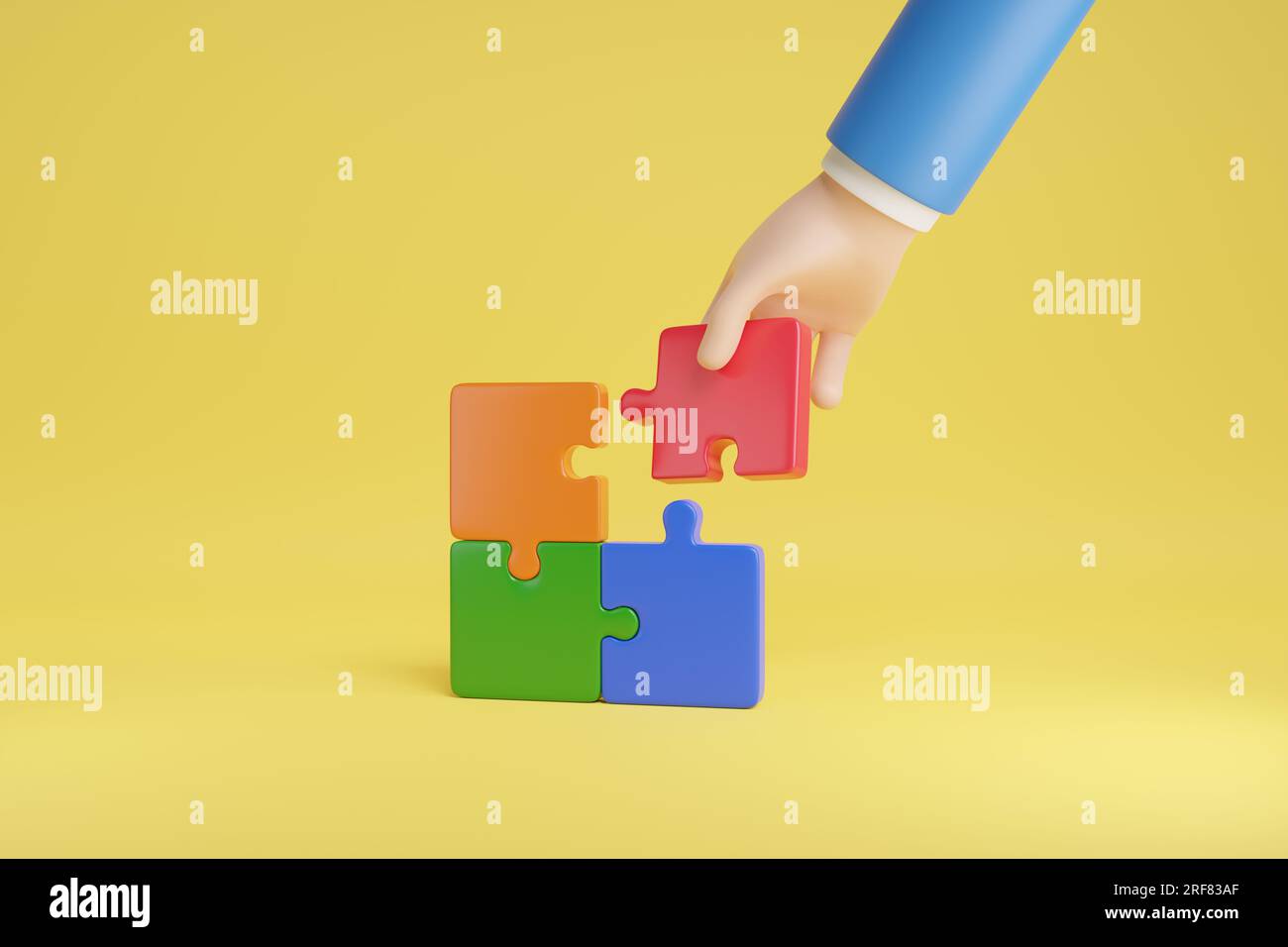 Cartoon hand placing a red puzzle piece isolated on yellow background. 3d illustration. Stock Photo