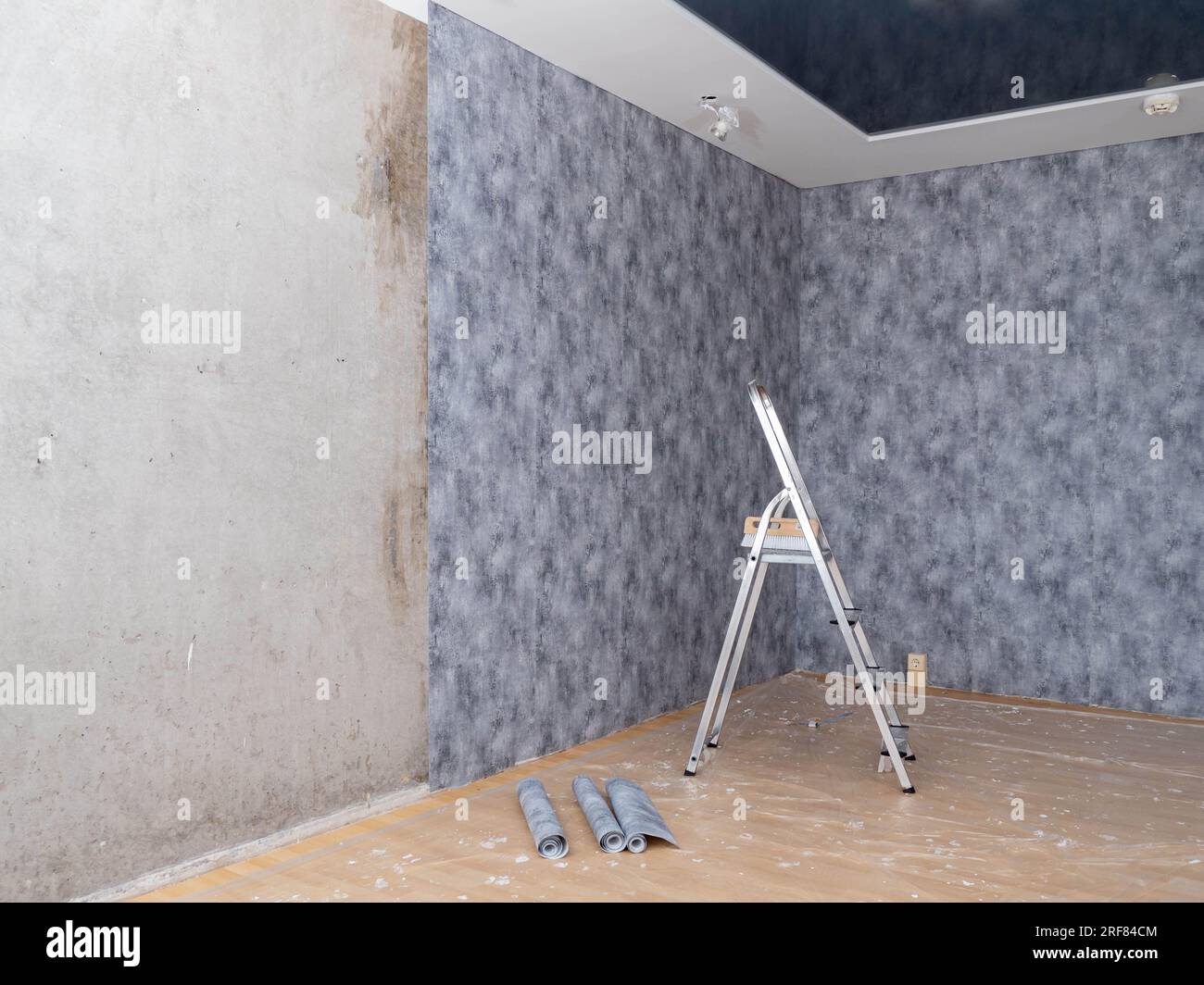 One room has been partially renovated. copy space. Pasting paper