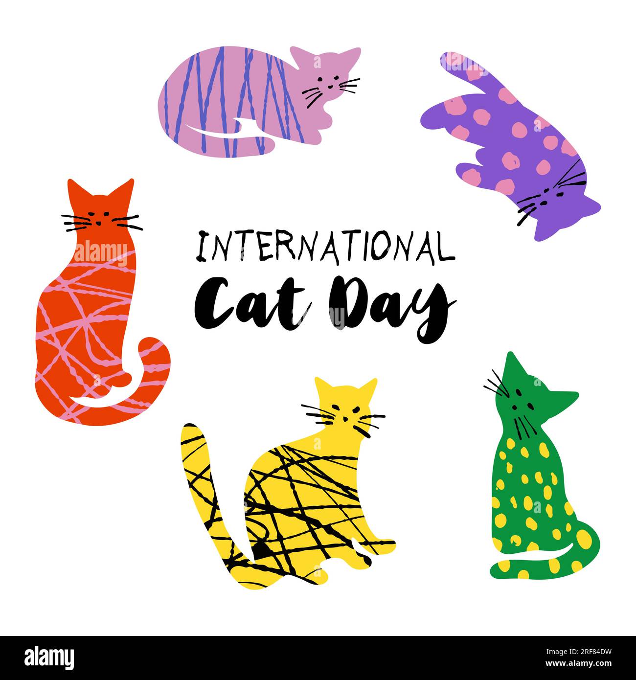 International Cat Day illustration with textured colorful cute cats