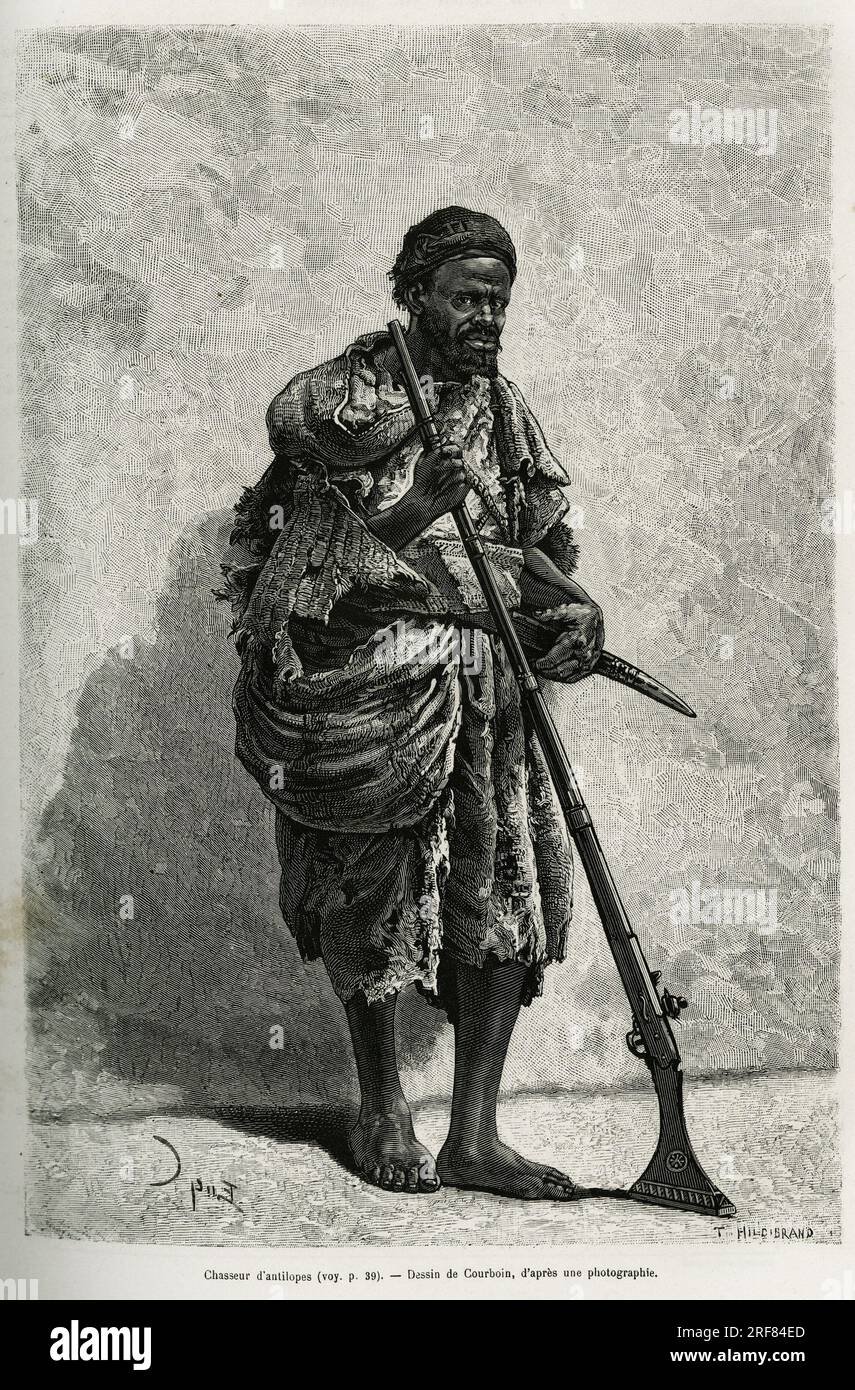Chasseur d'antilope. Gravure de Courboin, pour illustrer le Sahara algerien, par V.Largeau, en 1874-1878, publie dans le Tour du monde, sous la direction d'Edouard Charton ( 1807-1890), 1881, Paris. Stock Photo