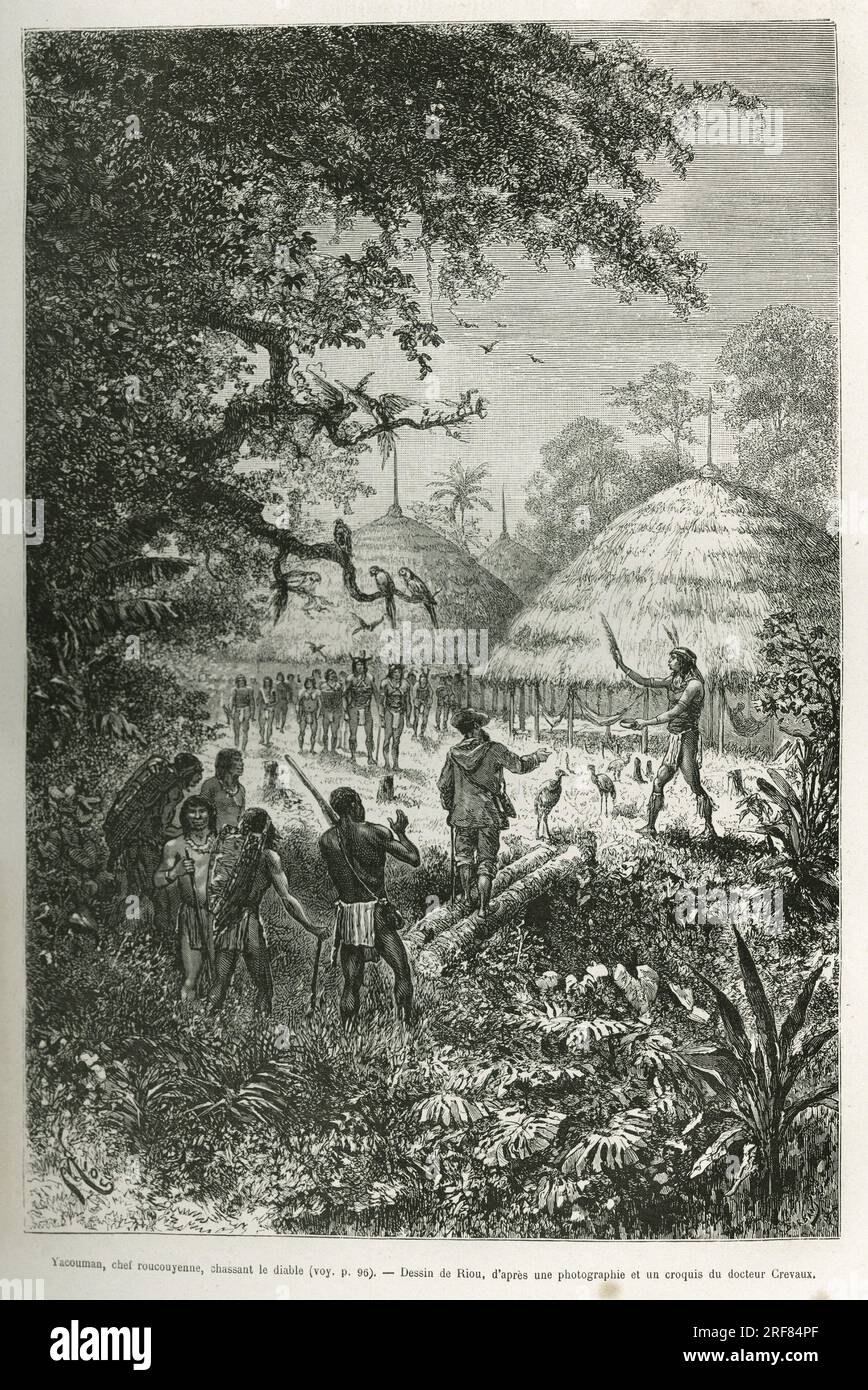 Yacouman, chef roucouyenne, tribu de Guyane des rives de l'Oyapock, chassant le diable, il se promene dans le village apres la naissance d'un enfant, en faisant des aspersions d'un liquide blanc laiteux au moyen d'un pinceau en plumes, gravure d'apres un dessin de Riou, pour illustrer le recit De Cayenne aux Andes, par Jules Crevaux, medecin de la marine francaise, en 1878-1879, publie dans le tour du monde, sous la direction d'Edouard Charton, 1880, Paris. Stock Photo