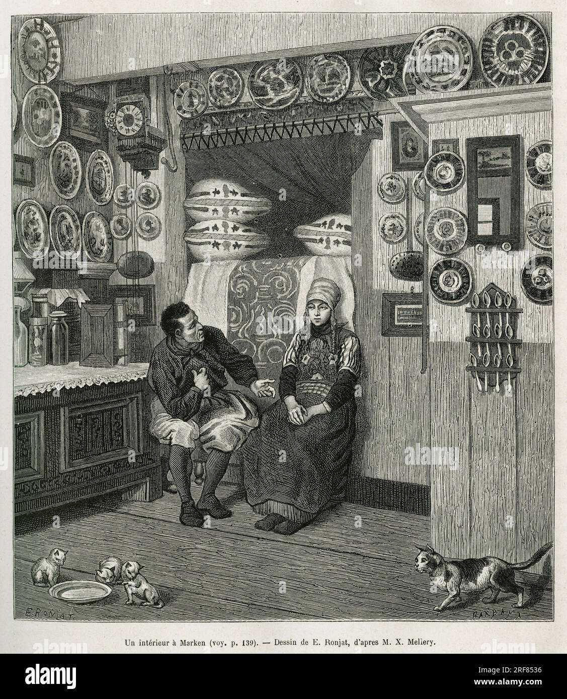 Un interieur a Marken ( Pays Bas), gravure d'apres un dessin de E.Ronjat, pour illustrer le recit la Neerlande, par Charles de Coster, en 1878, publie dans le tour du monde, sous la direction d'Edouard Charton, 1880, Paris. Stock Photo