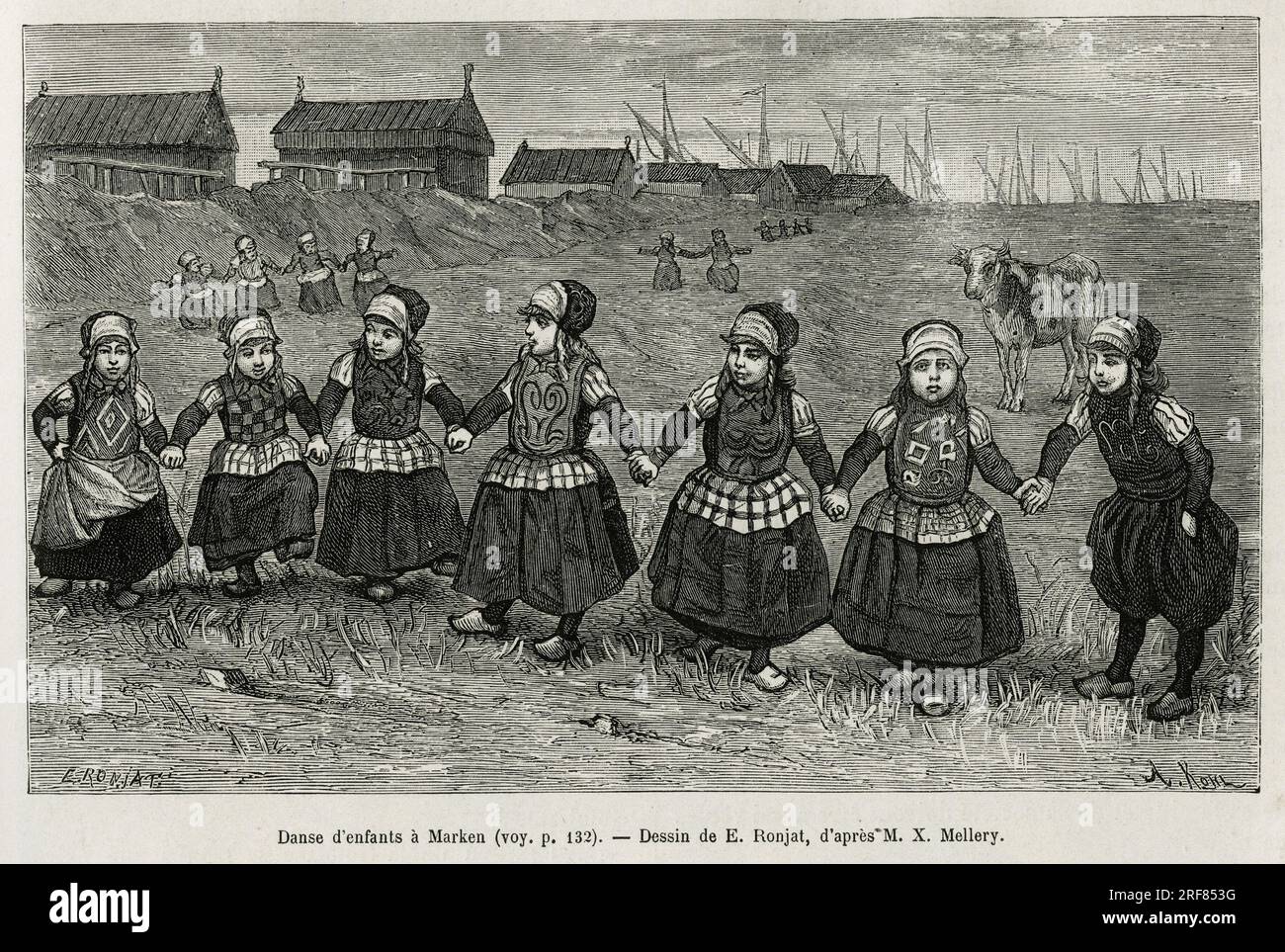 Danses d'enfants a Marken ( Pays Bas), gravure d'apres un dessin de E.Ronjat, pour illustrer le recit la Neerlande, par Charles de Coster, en 1878, publie dans le tour du monde, sous la direction d'Edouard Charton, 1880, Paris. Stock Photo